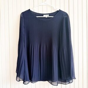 Max Studio Navy Blue Pleated Bell Sleeve Chiffon Blouse Large Flowy Top